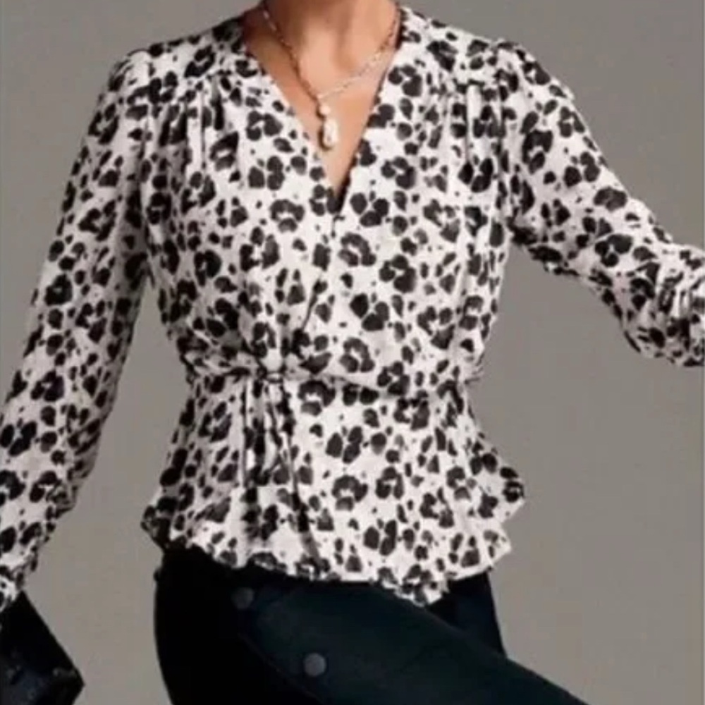 CAbi Rosette Leopard Print Ruched Sleeve Wrap Top Size L